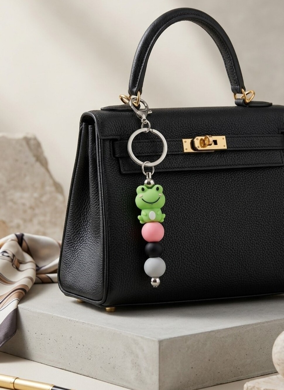 Cute Green Frog Bead Keychain with Pink, Black & White Beads
